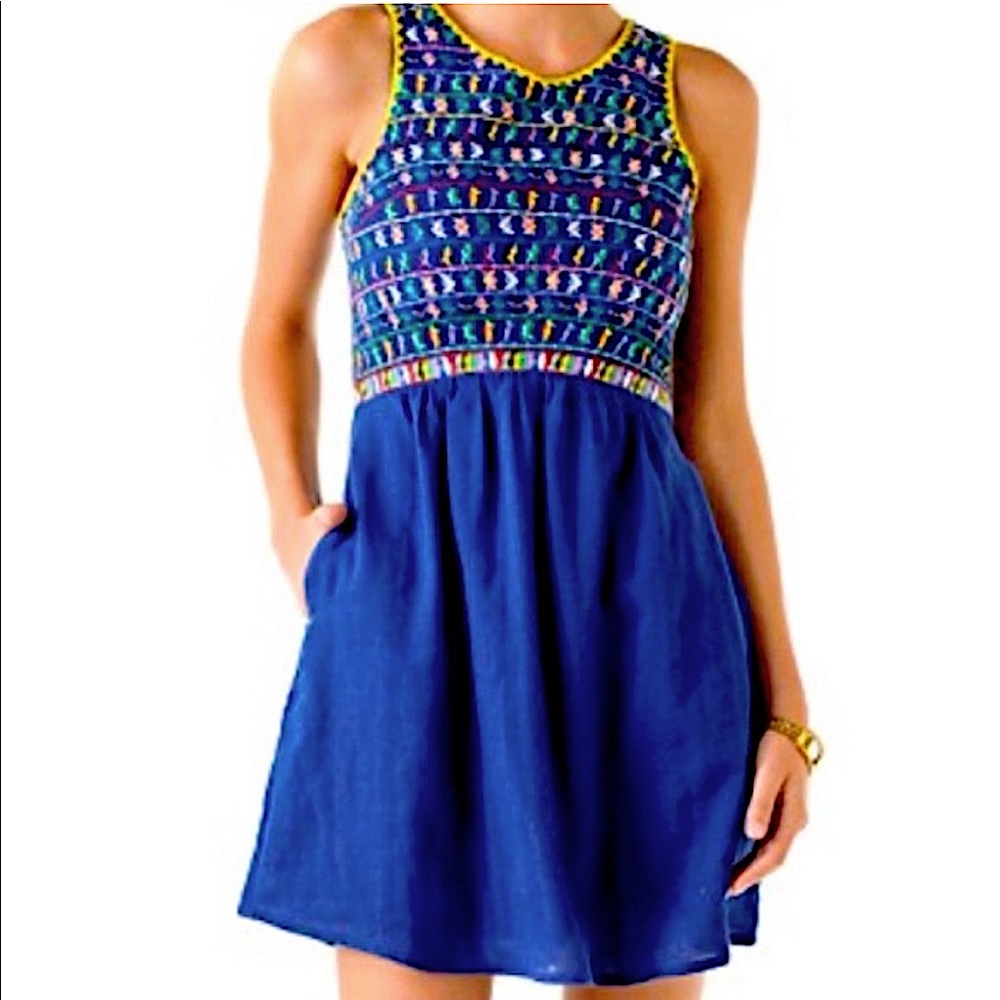 Dolce Vita pocketed blue embroidered mini dress